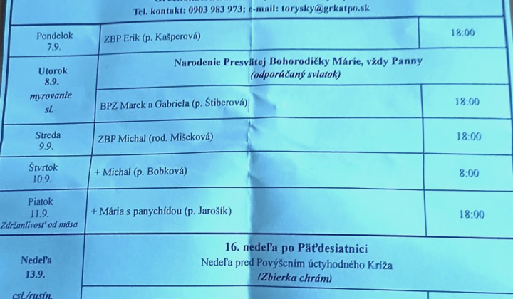Aktuality / liturgický program od 7.9. do 13.9.2026, farnosť Torysky - foto