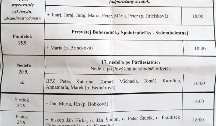Aktuality / Liturgický program od 14.09. do 27.09.2026, farnosť Torysky - foto