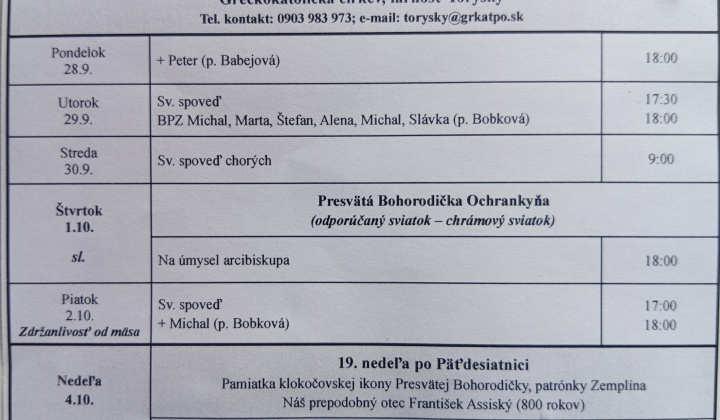 Aktuality / Liturgický program od 28.9. do 04.10.2026, farnosť Torysky - foto