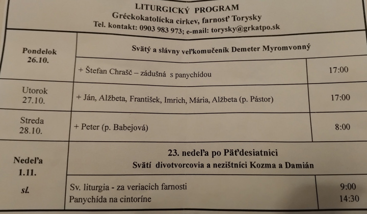 Aktuality / Liturgický program od 26.10. do 01.11.2026, farnosť Torysky - foto