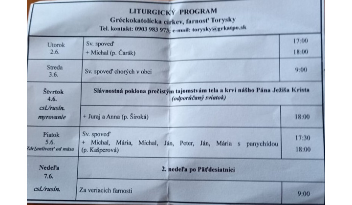 Fotka pre článok Liturgický program od 01.06. do 07.06., farnosť Torysky