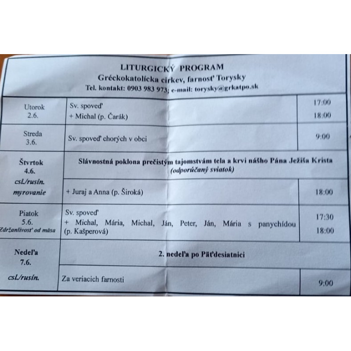 Menšia fotka pre článok Liturgický program od 01.06. do 07.06., farnosť Torysky
