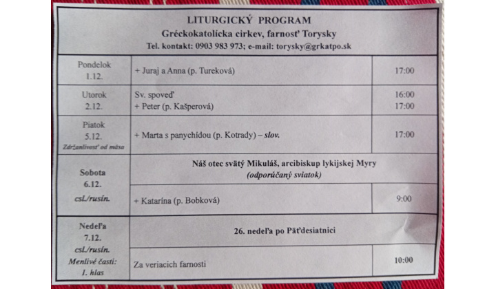Fotka pre článok Liturgický program od 01.12. do 07.12.2025, farnosť Torysky