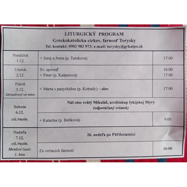 Menšia fotka pre článok Liturgický program od 01.12. do 07.12.2025, farnosť Torysky