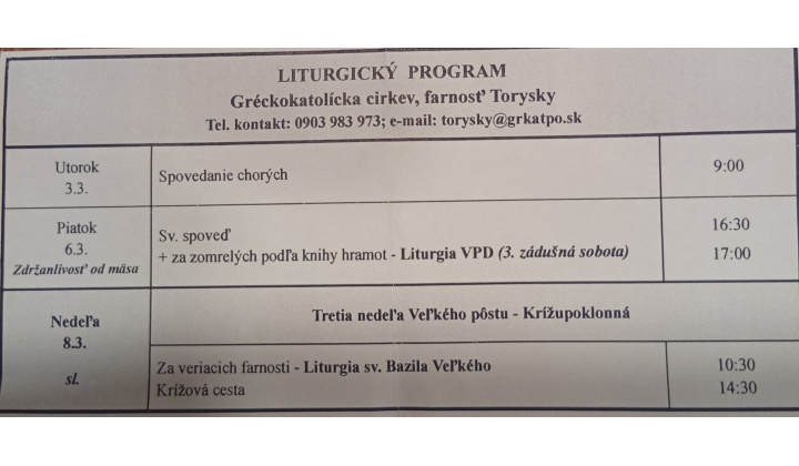 Fotka pre článok Liturgický program od 02.03. do 08.03.2026, farnosť Torysky