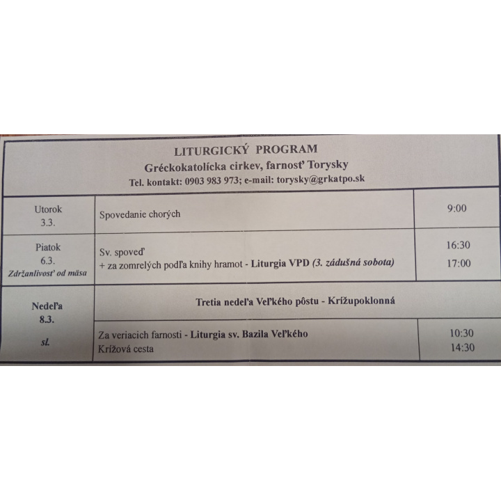 Menšia fotka pre článok Liturgický program od 02.03. do 08.03.2026, farnosť Torysky