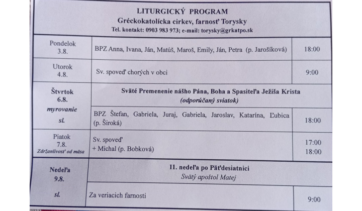 Fotka pre článok Liturgický program od 03.08. do 09.08.2026, farnosť Torysky