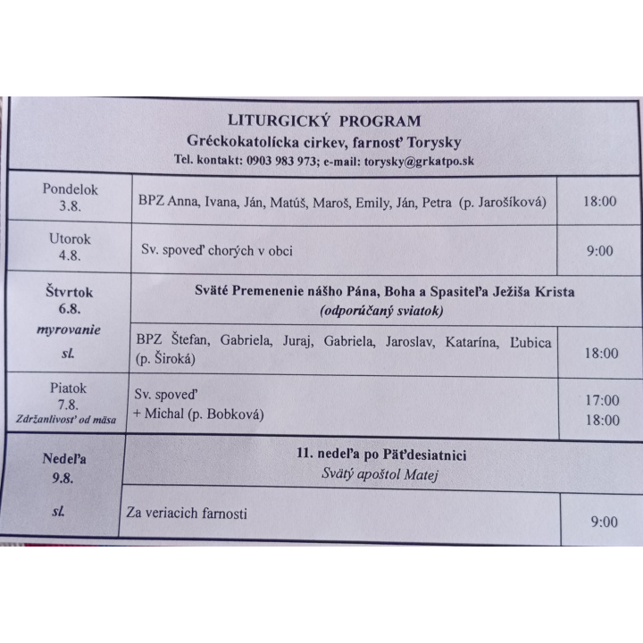 Menšia fotka pre článok Liturgický program od 03.08. do 09.08.2026, farnosť Torysky