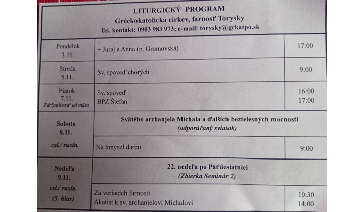 Fotka pre článok Liturgický program od 03.11. do 09.11.2025, farnosť Torysky