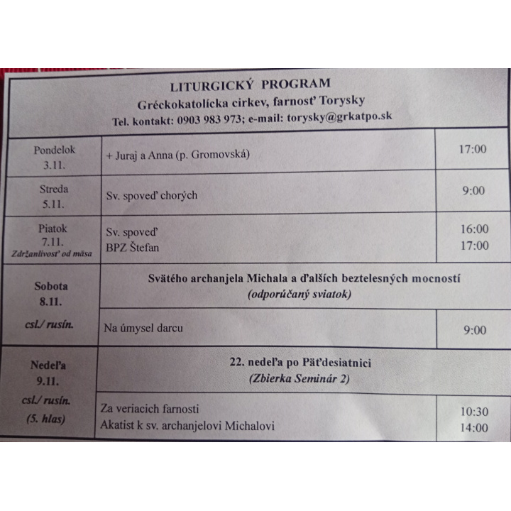 Menšia fotka pre článok Liturgický program od 03.11. do 09.11.2025, farnosť Torysky