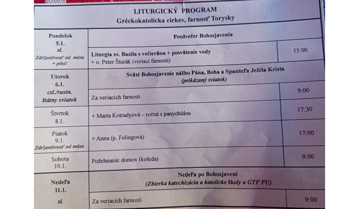 Fotka pre článok liturgický program od 05.01. do 11.01.2026, farnosť Torysky