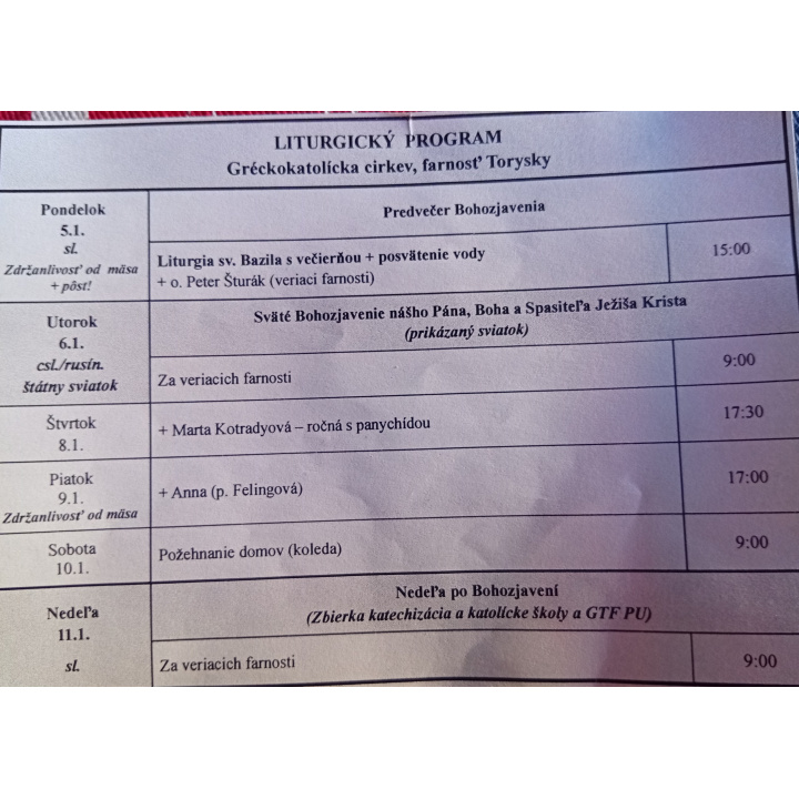 Menšia fotka pre článok liturgický program od 05.01. do 11.01.2026, farnosť Torysky