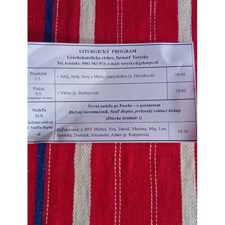 Menšia fotka pre článok Liturgický program od 05.05. do 11.05., farnosť Torysky