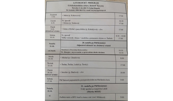 Fotka pre článok Liturgický program od 05.10. do 18.10.2026