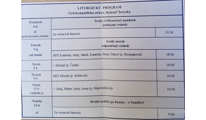 Fotka pre článok Liturgický program od 06.04. do 12.04.2026, farnosť Torysky