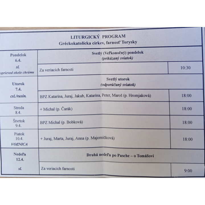 Menšia fotka pre článok Liturgický program od 06.04. do 12.04.2026, farnosť Torysky