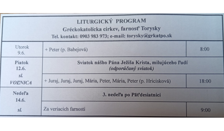 Fotka pre článok Liturgický program od 08.06. do 14.06.2026, farnosť Torysky
