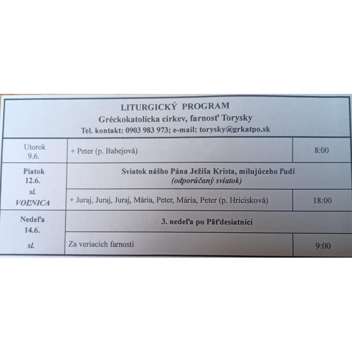 Menšia fotka pre článok Liturgický program od 08.06. do 14.06.2026, farnosť Torysky