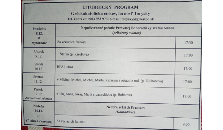 Fotka pre článok Liturgický program od 08.12. do 14.12.2025, farnosť Torysky