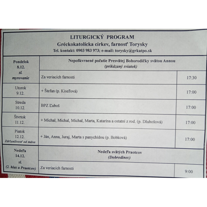 Menšia fotka pre článok Liturgický program od 08.12. do 14.12.2025, farnosť Torysky