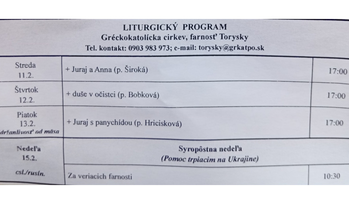 Fotka pre článok Liturgický program od 09.02. do 15.02.2026, farnosť Torysky