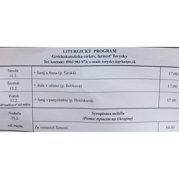 Menšia fotka pre článok Liturgický program od 09.02. do 15.02.2026, farnosť Torysky