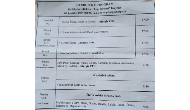 Fotka pre článok Liturgický program od 09.03. do 15.03.2026, farnosť Torysky