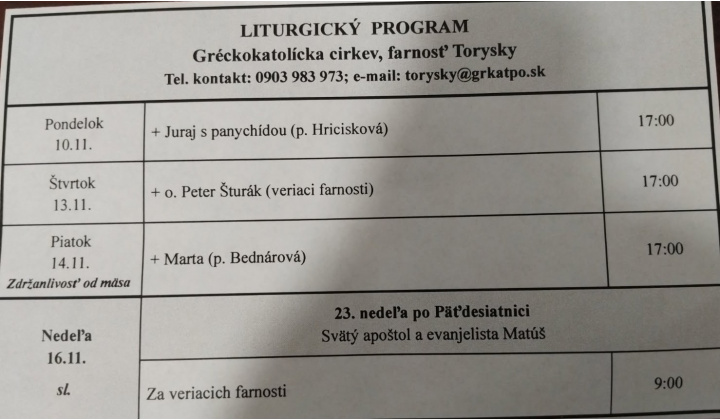 Fotka pre článok Liturgický program od 10.11. do 16.11., farnosť Torysky