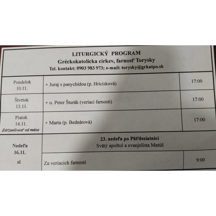 Menšia fotka pre článok Liturgický program od 10.11. do 16.11., farnosť Torysky
