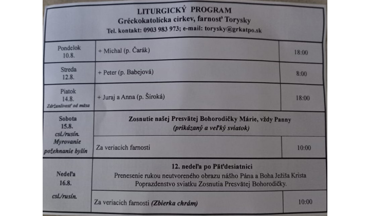Fotka pre článok Liturgický program od 10.8. do 16.08., farnosť Torysky