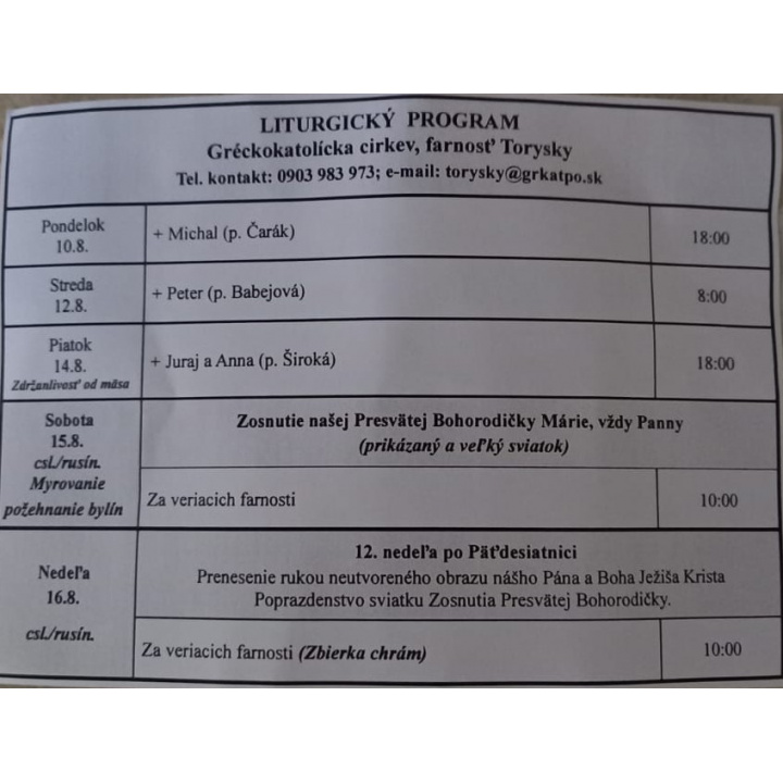 Menšia fotka pre článok Liturgický program od 10.8. do 16.08., farnosť Torysky