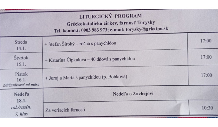 Fotka pre článok Liturgický program od 12.01. do 18.01.2026, farnosť Torysky