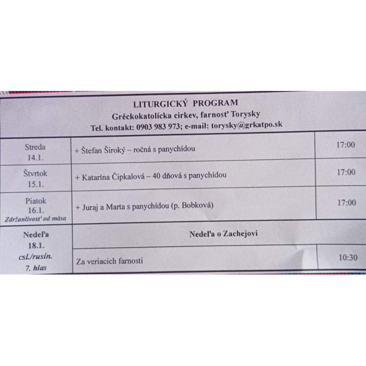 Menšia fotka pre článok Liturgický program od 12.01. do 18.01.2026, farnosť Torysky