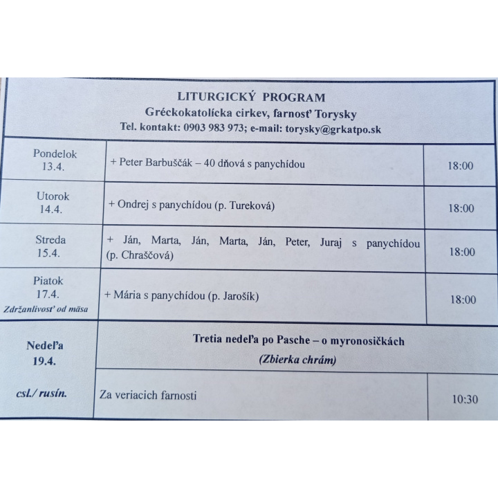 Menšia fotka pre článok Liturgický program od 13.04. do 19.04.2026, farnosť Torysky