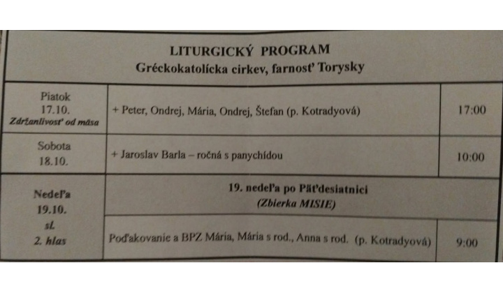Fotka pre článok Liturgický program od 13.10. do 19.10.2025, farnosť Torysky