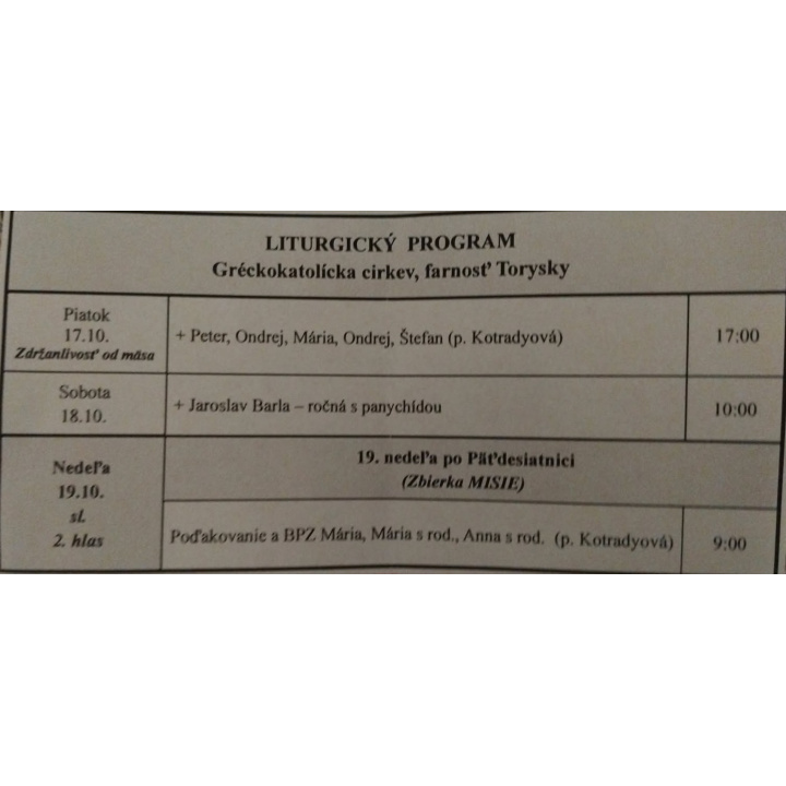 Menšia fotka pre článok Liturgický program od 13.10. do 19.10.2025, farnosť Torysky
