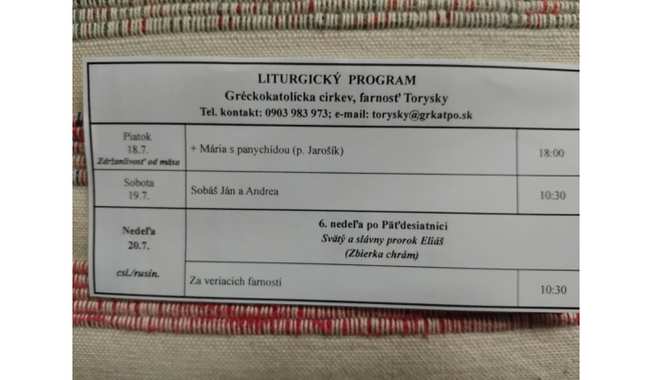 Fotka pre článok Liturgický program od 14.07. do 20.07., farnosť Torysky