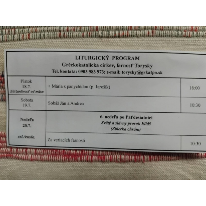Menšia fotka pre článok Liturgický program od 14.07. do 20.07., farnosť Torysky