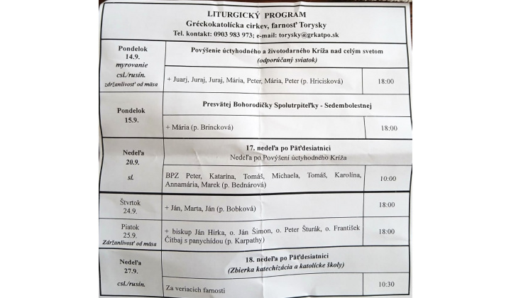 Fotka pre článok Liturgický program od 14.09. do 27.09.2026, farnosť Torysky