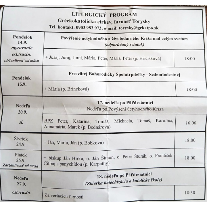 Menšia fotka pre článok Liturgický program od 14.09. do 27.09.2026, farnosť Torysky