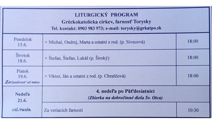Fotka pre článok Liturgický program od 15.06. do 21.06., farnosť Torysky