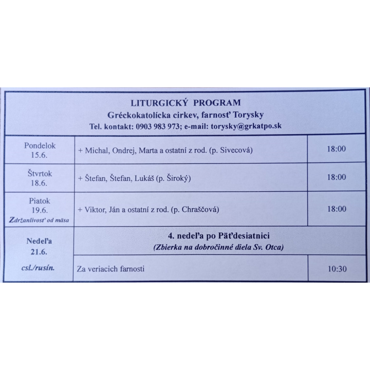 Menšia fotka pre článok Liturgický program od 15.06. do 21.06., farnosť Torysky