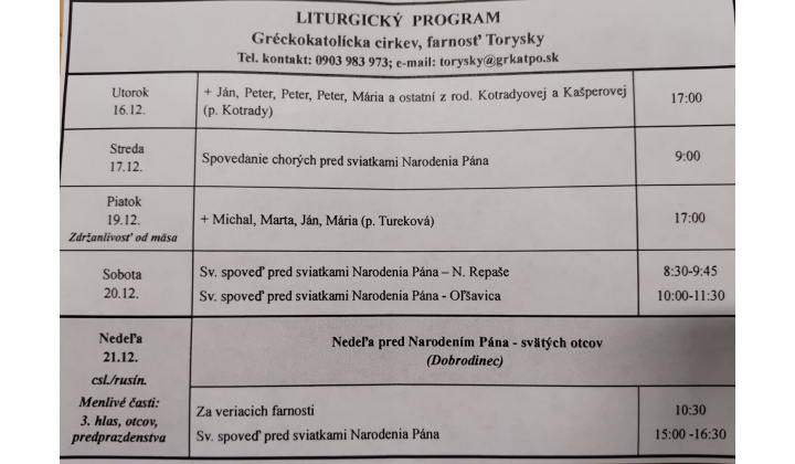 Fotka pre článok Liturgický program od 15.12. do 21.12.2025, farnosť Torysky