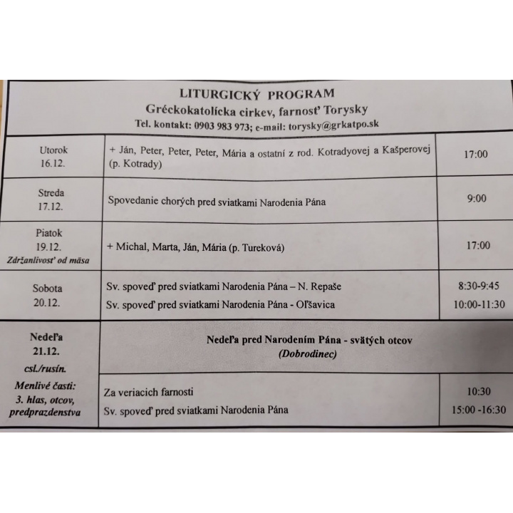 Menšia fotka pre článok Liturgický program od 15.12. do 21.12.2025, farnosť Torysky
