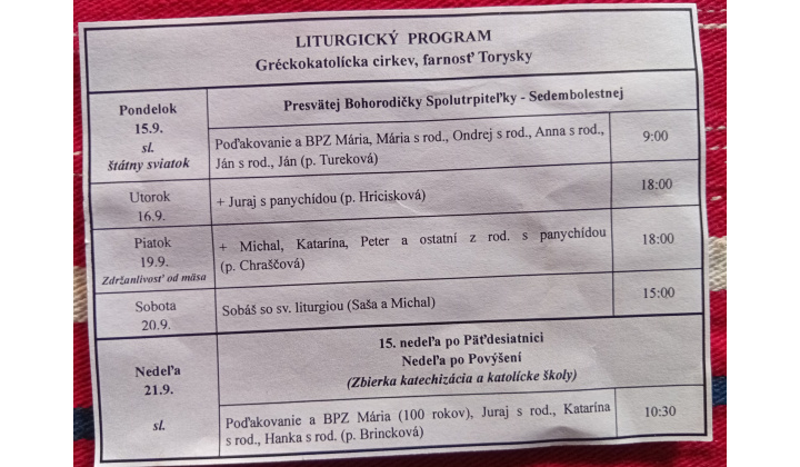 Fotka pre článok Liturgický program od 15.9. do 21.9.2025, farnosť Torysky