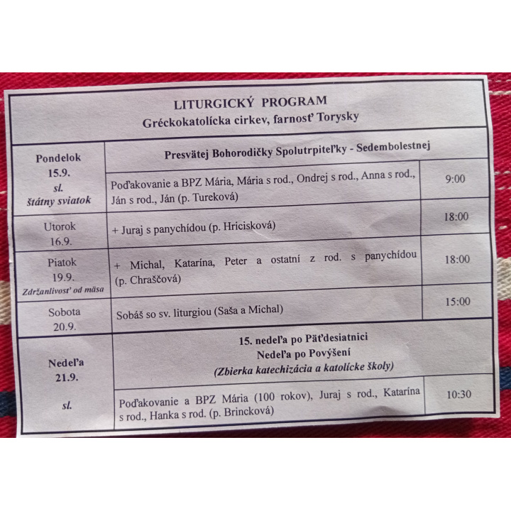 Menšia fotka pre článok Liturgický program od 15.9. do 21.9.2025, farnosť Torysky