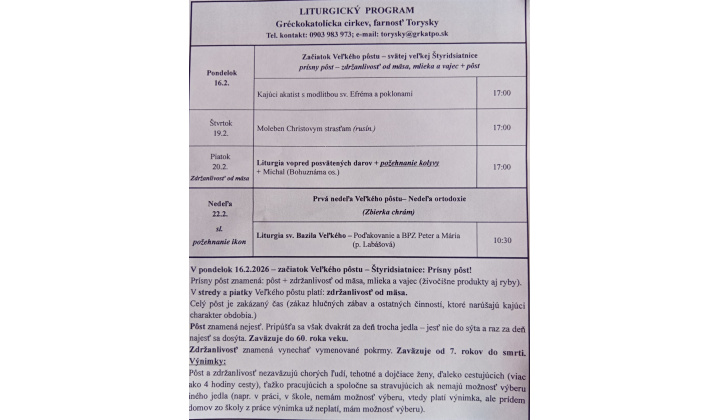 Fotka pre článok Liturgický program od 16.02 do 22.02.2026, farnosť Torysky