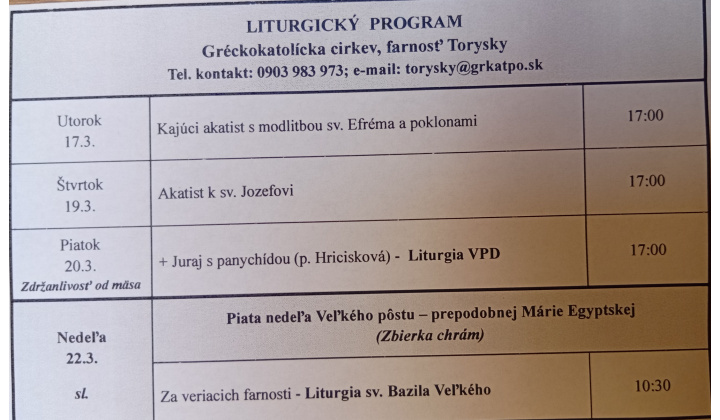Fotka pre článok Liturgický program od 16.03. do 22.03.2026, farnosť Torysky