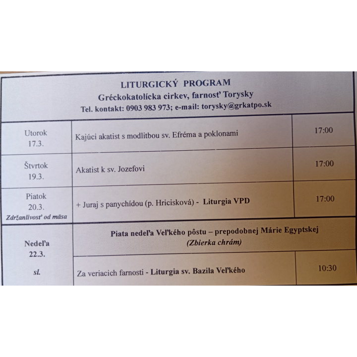 Menšia fotka pre článok Liturgický program od 16.03. do 22.03.2026, farnosť Torysky