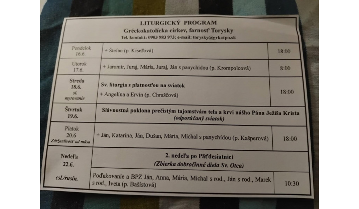 Fotka pre článok Liturgický program od 16.6. do 22.6.2025, farnosť Torysky